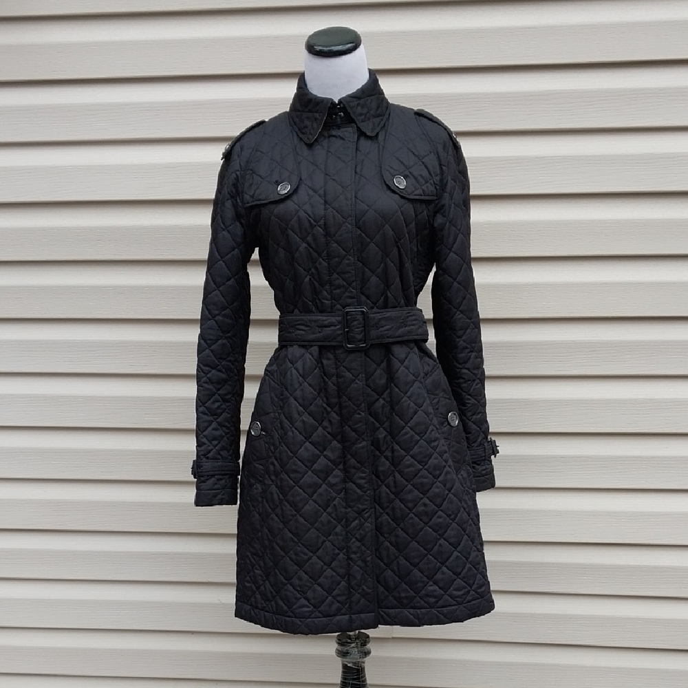 BURBERRY CHECK LINED BELTED QUILTED BLACK TRENCH COAT - Picture 2 of 11